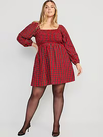 Fit &amp; Flare Long-Sleeve Plaid Seersucker Mini Dress for Women | Old Navy (US)