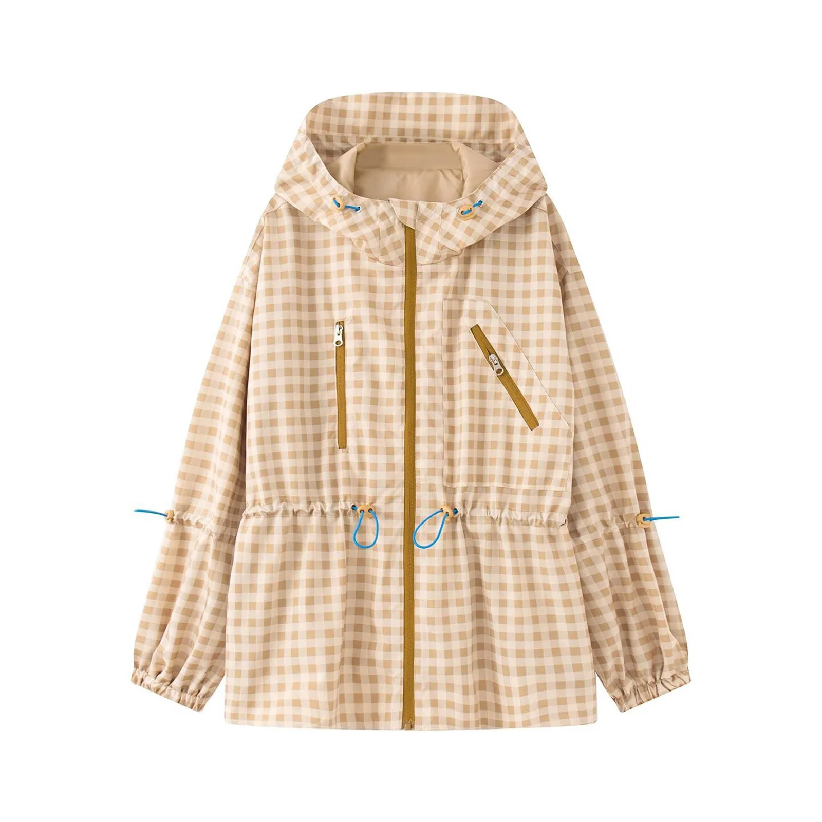 Lnmiateer Womens Lightweight Plaid Waterproof Hooded Rain Jacket Zip Front Drawstring Cinched Waist Windbreaker with Pockets Camping Outerwear | Walmart (US)
