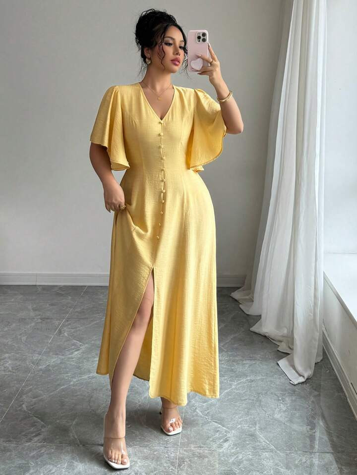 Elenzga Plus Size Women's French Elegant Casual Vacation Afternoon Tea Bohemian V-Neck Button Decor A-Line Slit Puff Sleeve Long Dress, Spring/Summer | SHEIN