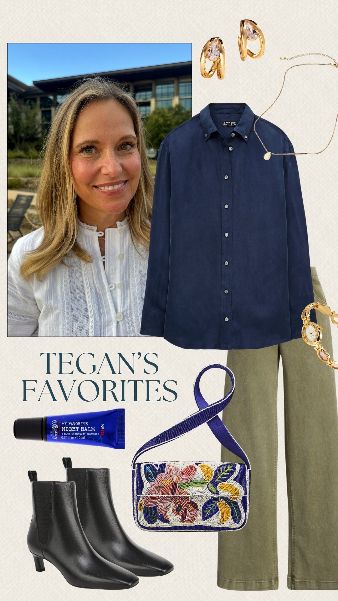Tegan’s favorites include this J.Crew button-down styled with Nordstrom pants and a colorful Anthropologie bag. I love the navy and olive pairing with the embroidered details on the bag. This would be such a cute look for work, lunch, or a day out.

#LTKSeasonal #LTKOver40 #LTKMidsize