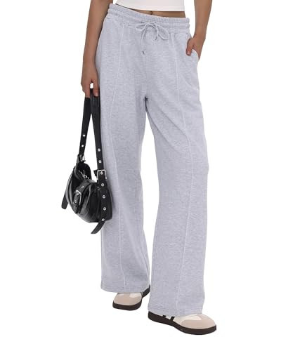 CAMPSNAIL Wide Leg Sweatpants Women - Baggy High Waisted Straight Leg Loose Sweat Pants with Chic Seams Drawstring Pockets Grey | Amazon (US)