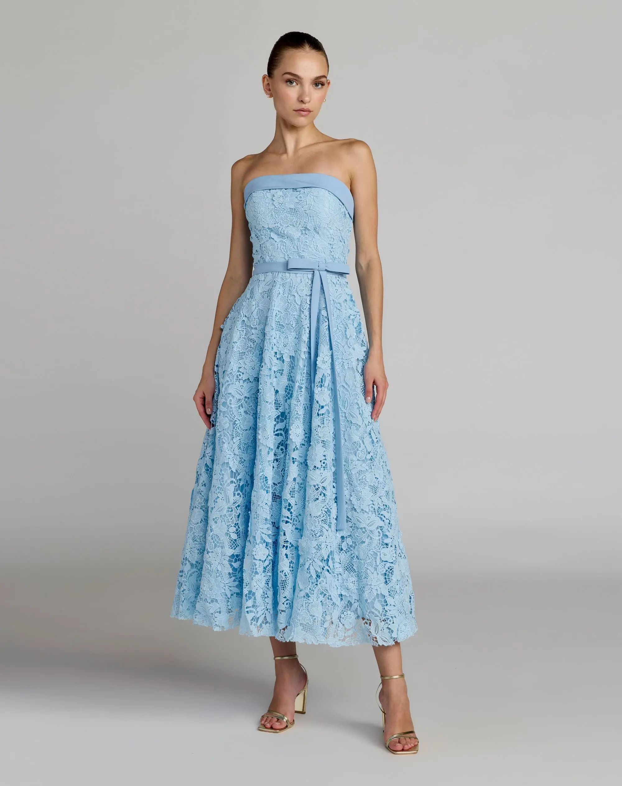 Blue Embroidered Lace Strapless Midi Dress With Bow Detail | Mac Duggal | Mac Duggal