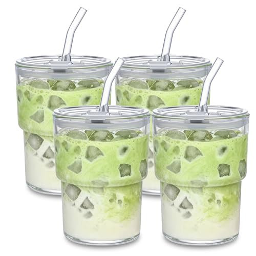 MINGHYZYA 13oz Iced Coffee Cup, Reusable Glass Tumbler with Straw and Lid, Thick Wall Glass Cups with Lids and Straws for Matcha, Smoothies, Drinking Glassware Water Cups (clear-4pack) | Amazon (US)