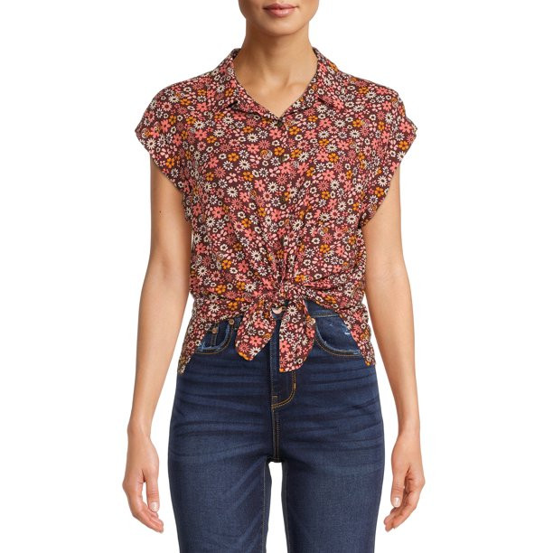 No Boundaries Juniors' Tie-Front Camp Shirt - Walmart.com | Walmart (US)