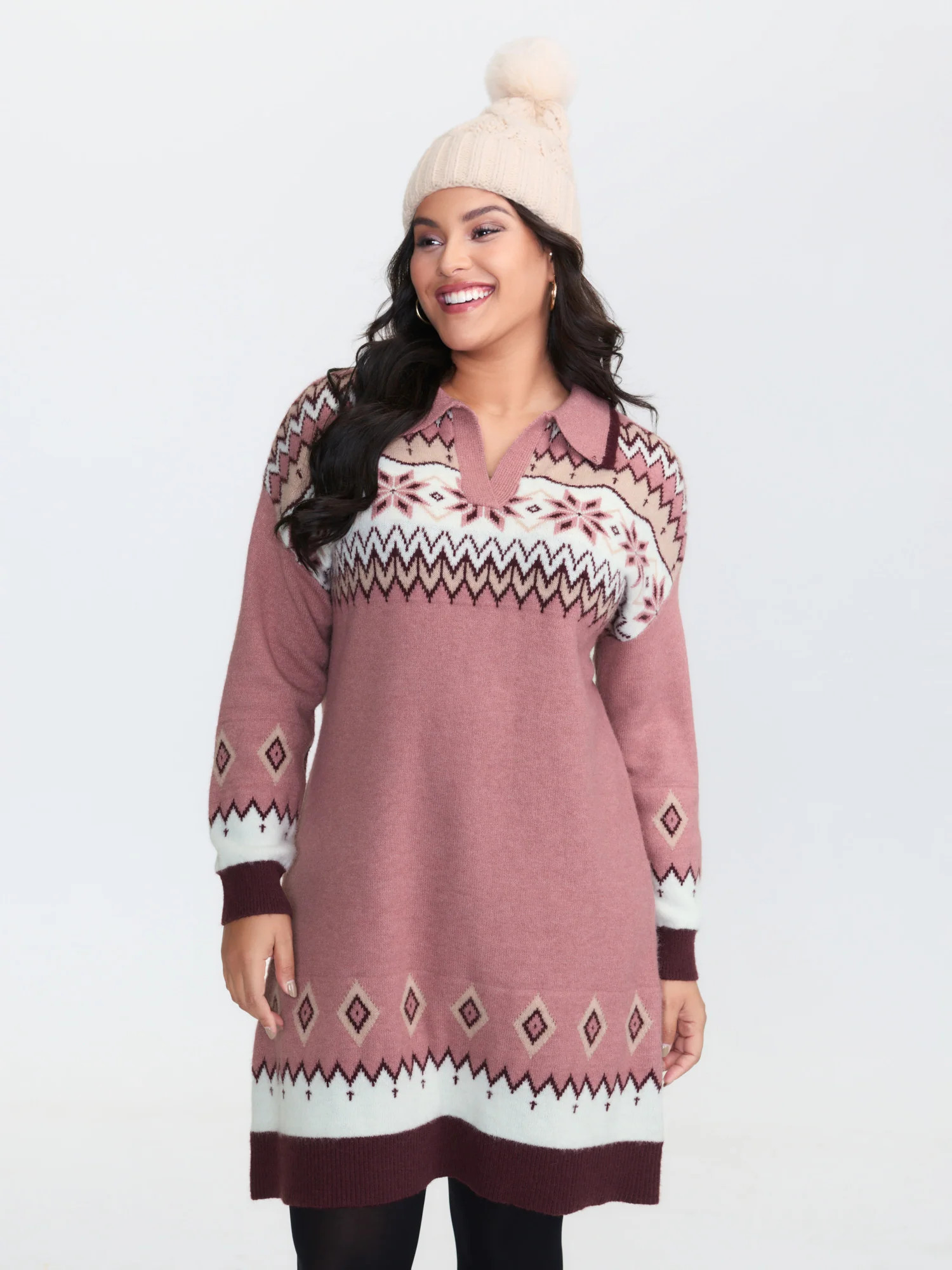 Boho Pattern Jacquard Contrast Sweater Dress | Bloomchic