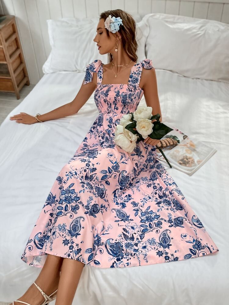 Paisley Print Knot Shoulder Shirred Bodice Dress | SHEIN