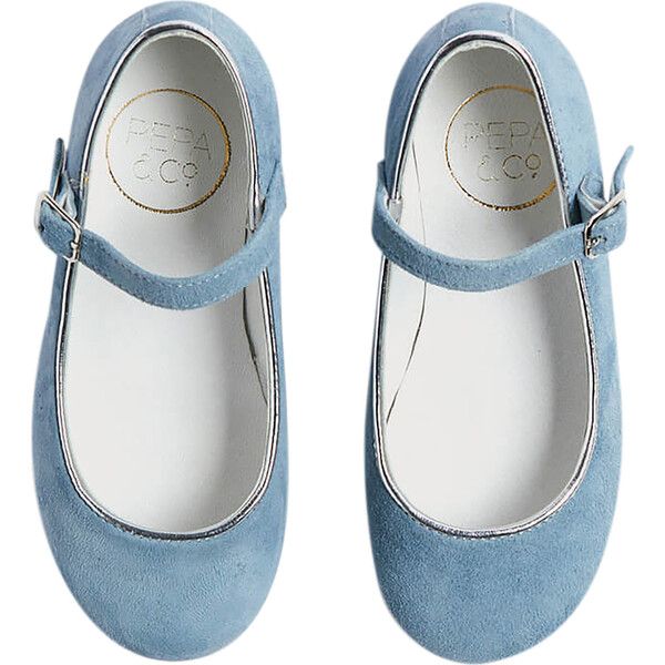Girls Suede Piped Mary Jane Shoes, Baby Blue | Maisonette