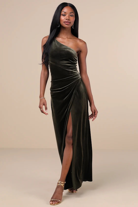 Elegant Era Olive Green Velvet One-Shoulder Maxi Dress | Lulus
