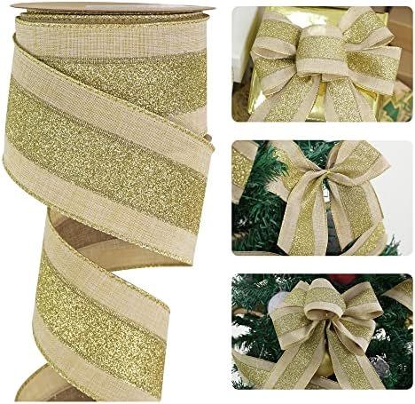 Amazon.com: HUIHUANG Faux Jute Wired Ribbon Christmas Gold Glitter Ribbon Rustic Chrsitmas Wreath... | Amazon (US)