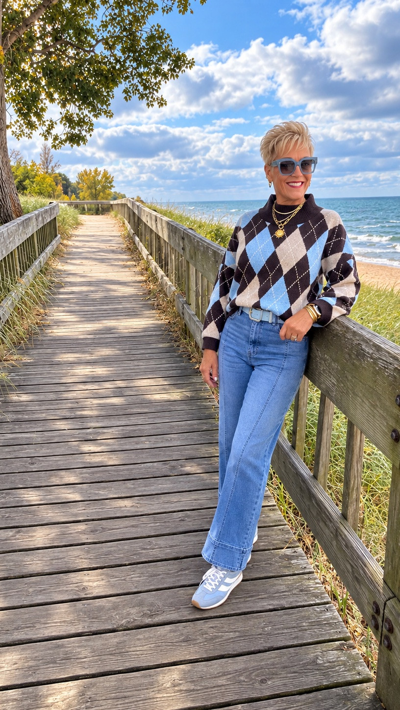 Argyle Sweater
Fair Isle Fall Sweater
Ruffled Hem Jeans
Blue Sneakers
Fall Fashion