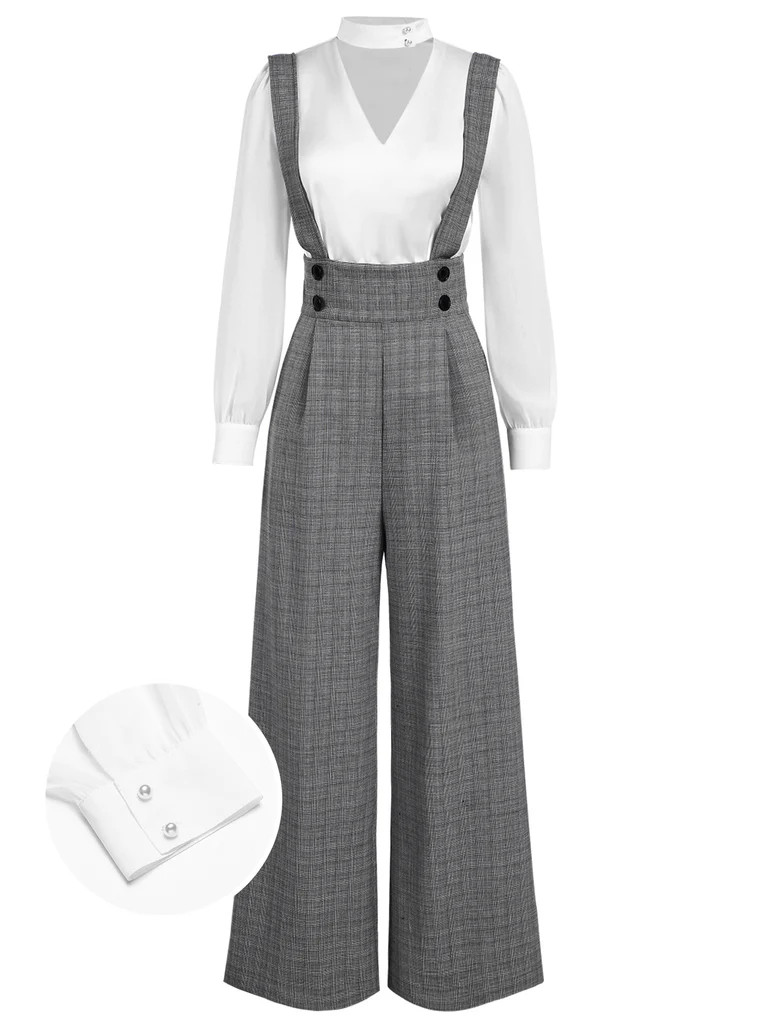 2PCS 1940s Satin Puff Sleeve Blouse & Glen Plaid Overall Pants | Retro Stage