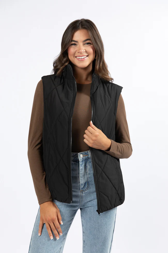 Mountainside Moment Black Quilted Puffer Vest | Pink Lily