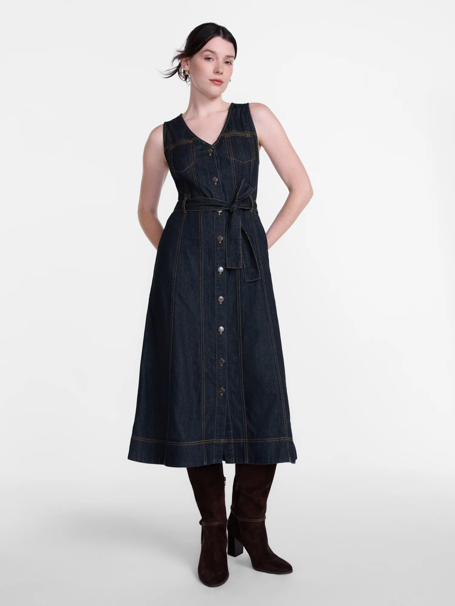 Scenario Women's and Women's Plus Sleeveless Denim Midi Dress, Sizes XS-4X | Walmart (US)