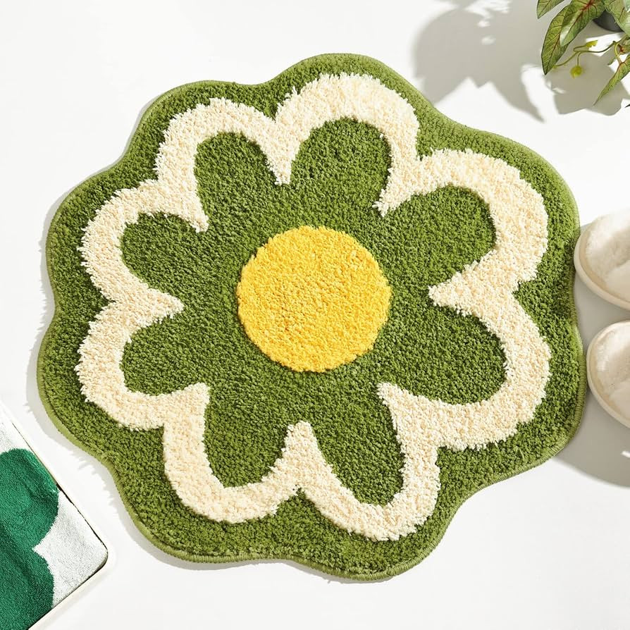 TRUEDAYS Green Flower Shaped Bath Rug, Non-Slip Water Absorbent Bathroom Mat, Super Cute Machine ... | Amazon (US)