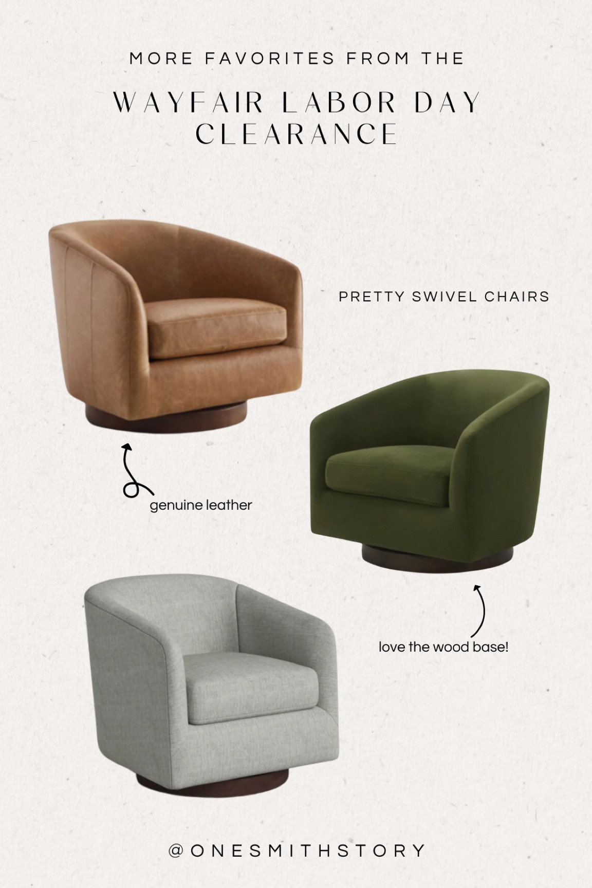 I LOVE a good swivel chair for a living room, rec room or cozy bedroom corner. The genuine leather option is the perfect color and I love the olive green velvet, too! All ship quick & are up to 70% off during the #Wayfair Labor Day Clearance!

#wayfairpartner @wayfair


#LTKHome #LTKSaleAlert