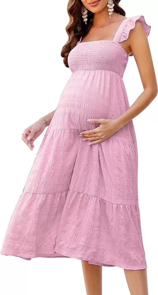 FUNJULY Maternity Dress Women's V-Neck Puff Sleeve Pleated Maternity Maxi  Dress for Baby Shower or Casual Wear : : Clothing, Shoes 
