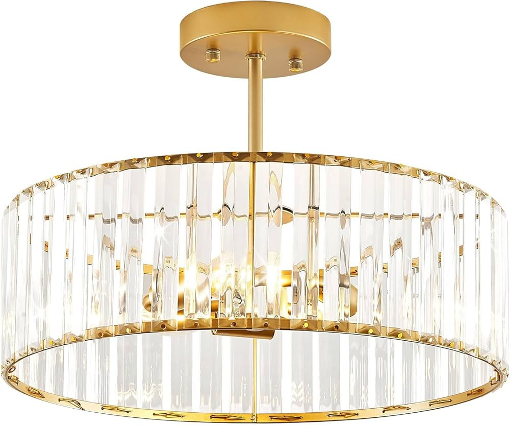 Modern Gold Semi Flush Mount Ceiling Light Crystal 3-Light Light Fixture 15.75 Inch Kitchen Ceili... | Amazon (US)