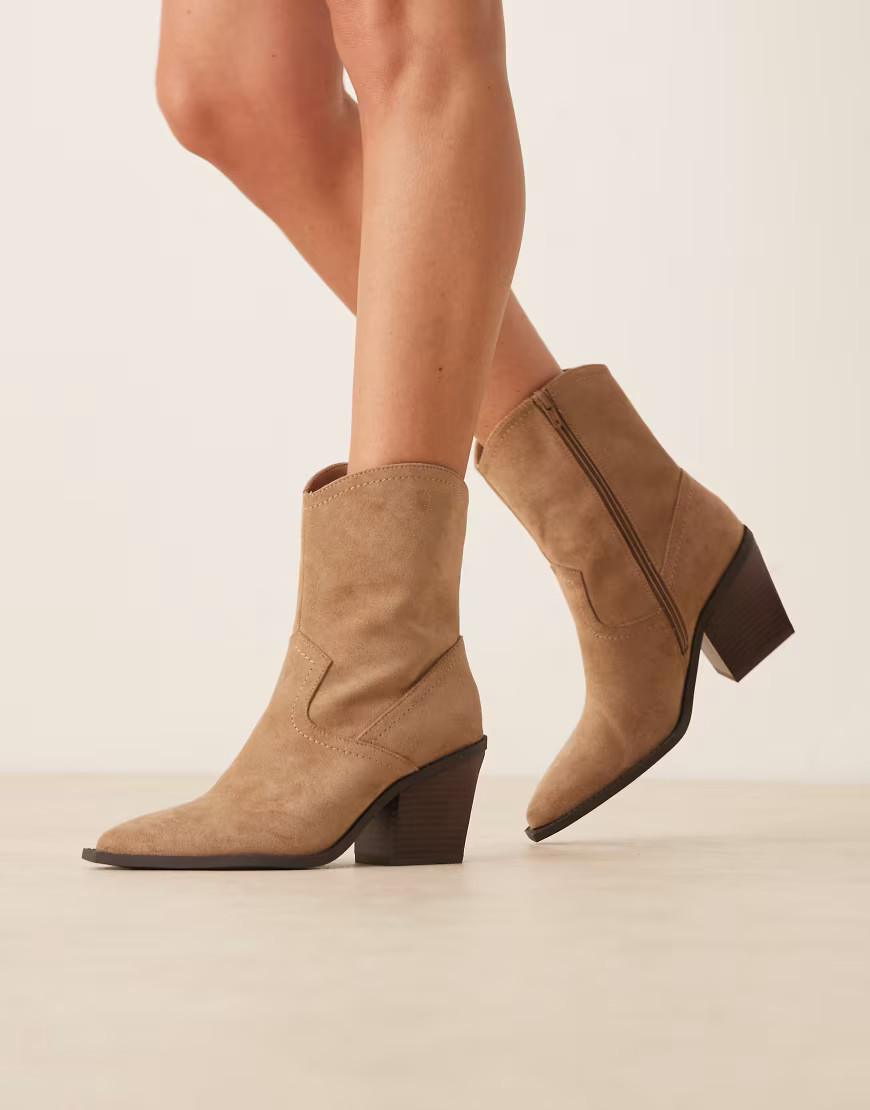 ASOS DESIGN Remedy heeled western boots in taupe suedette-Brown | ASOS (Global)