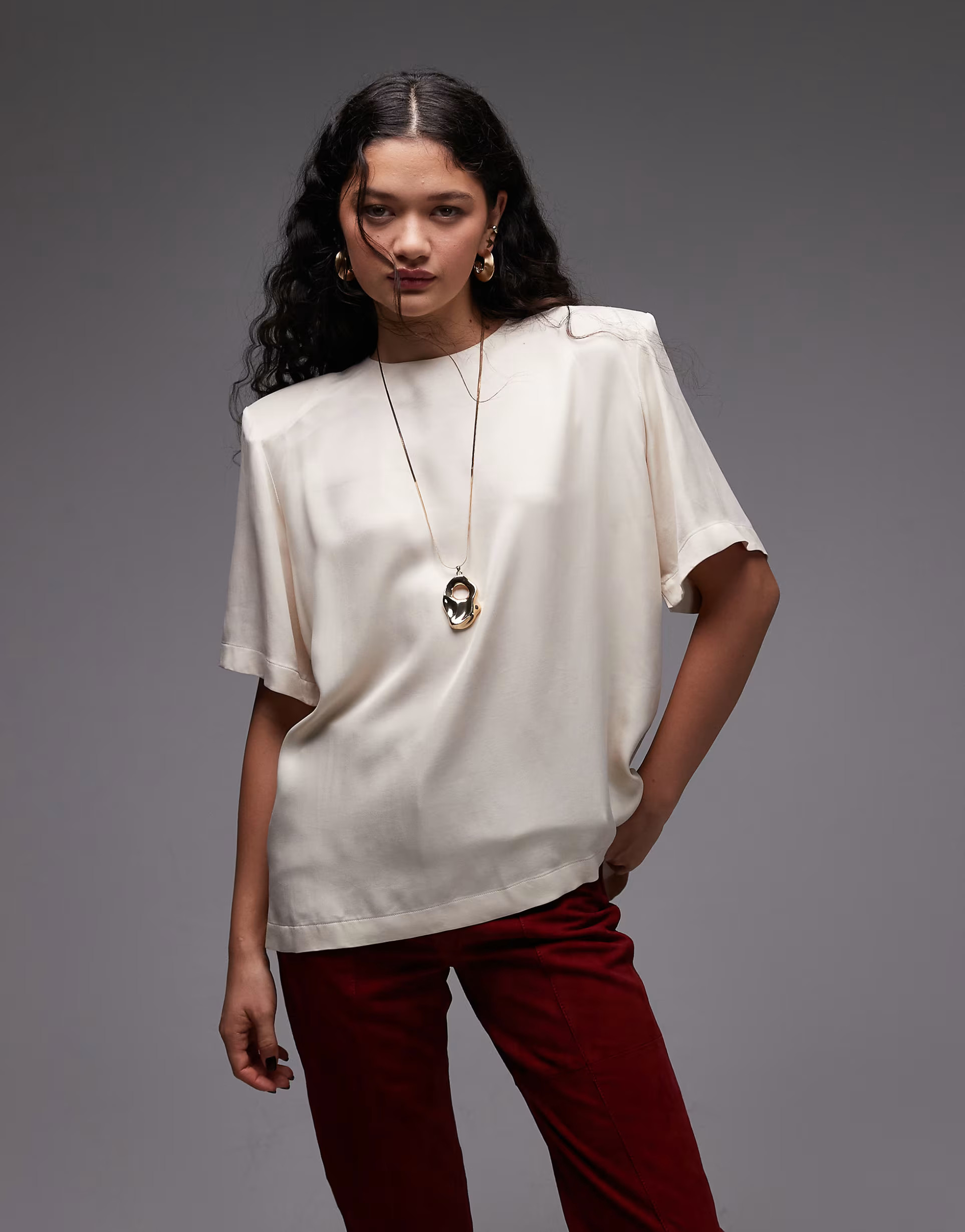 ASOS DESIGN satin shoulder pads t-shirt in ecru | ASOS | ASOS (Global)