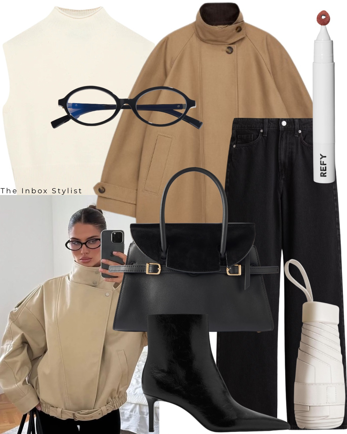 
Just because it’s raining doesn’t mean you can’t still be chic. 

Including funnel neck cotton jacket, sleeveless knit jumper, black jeans, lipstick, black handbag, white umbrella, heeled boots, oval glasses, blue light glasses. 

#LTKautumn #LTKstyletip #LTKbag