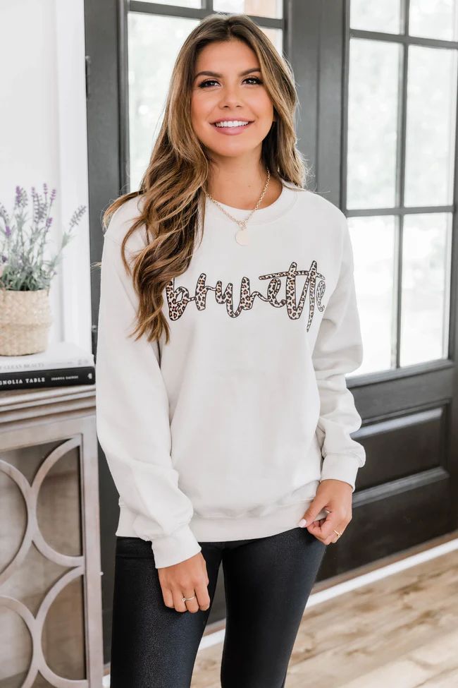 Brunette Animal Print Graphic Sand Sweatshirt | The Pink Lily Boutique