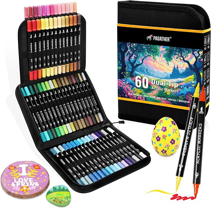 Pagather 60 Colors Acrylic Paint Markers, Dual Tip with Fine Tip and Brush Tip Pens for Fabric, S... | Amazon (US)