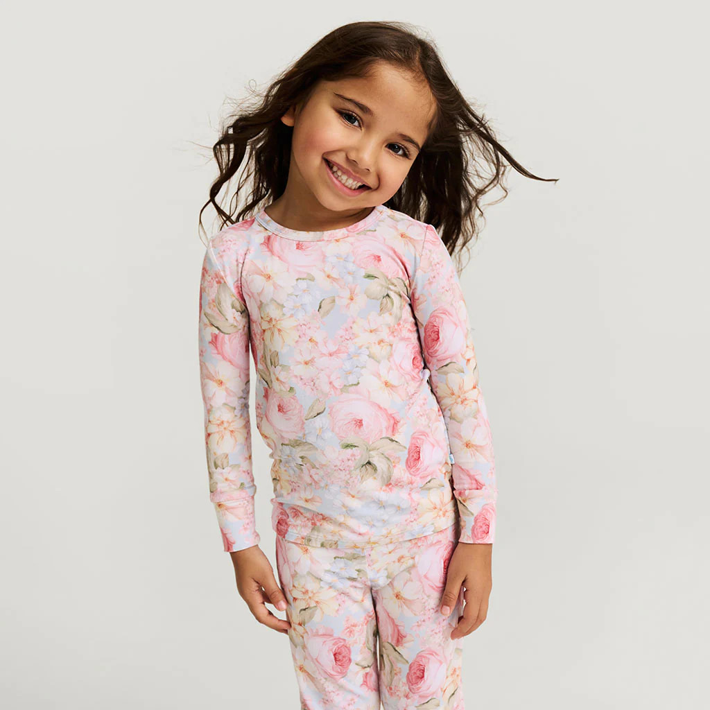 Floral Blue Long Sleeve Rose Dreams Classic Pajama Set | Posh Peanut® | Posh Peanut