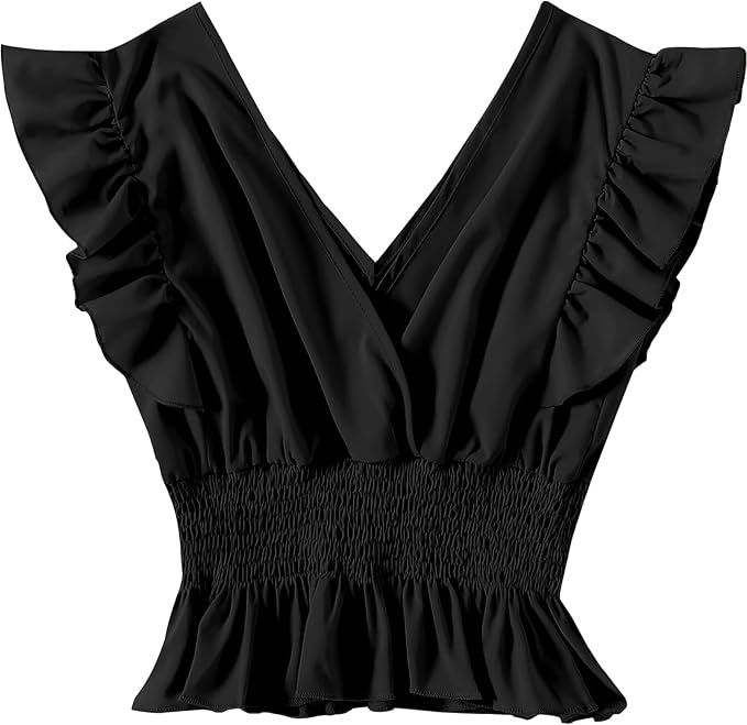 LYANER Women's V Neck Ruffle Cap Sleeve Shirred Blouse Sexy Crop Tank Top | Amazon (US)