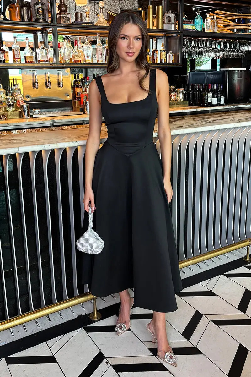 Dresses | Black Square Neck A-line Midi Dress | AX Paris | Debenhams UK