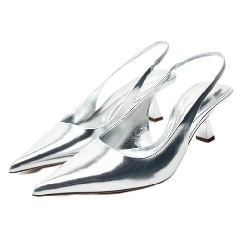 MRKEWUNEY Fashion Silver Slingback Pumps Shoes for Women Pointed Toe Kitten Heels Buckle Strap Work Pumps Slip On Comfortable Dress Shoes Metallic Silver Shoes for Women Silver Size 38 | Amazon (US)