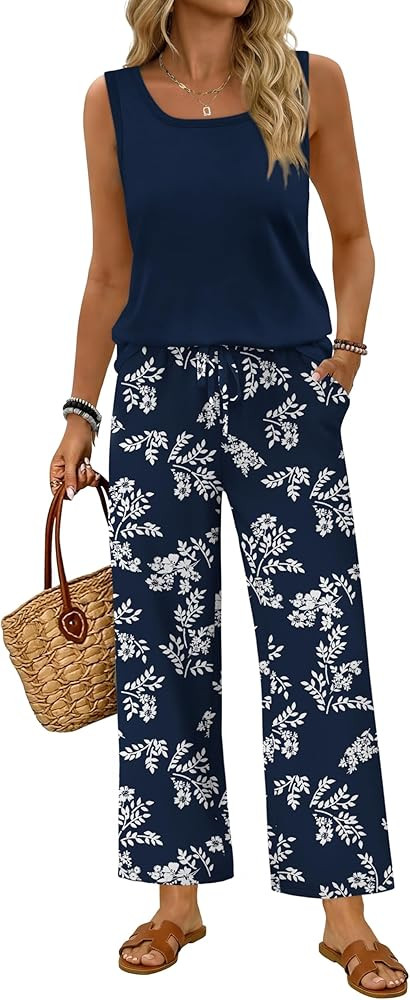 WIHOLL Two Piece Sets for Women Summer Spring Outfits Tank Square Neck Sleeveless Travel Vacation... | Amazon (US)