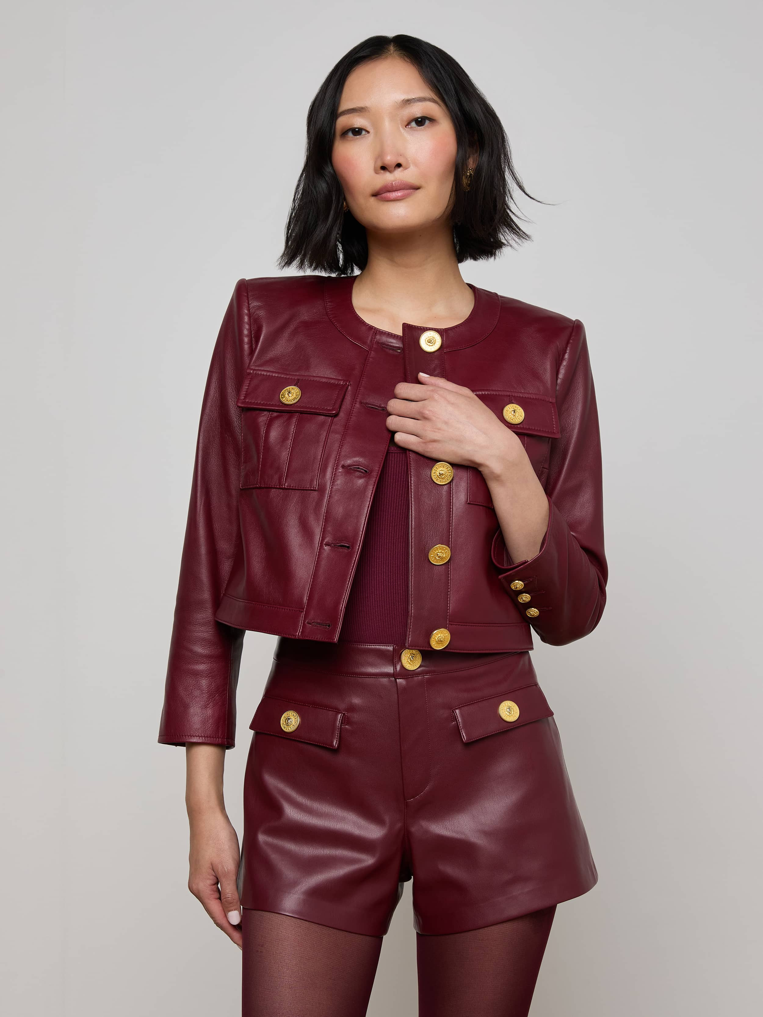 Deidra Cropped Leather Jacket in Black Cherry | L'AGENCE | L'Agence