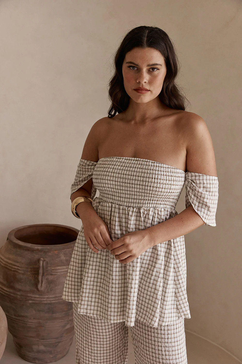 Beige Plaid Off Shoulder Babydoll Sloane Top | Sabo Skirt US