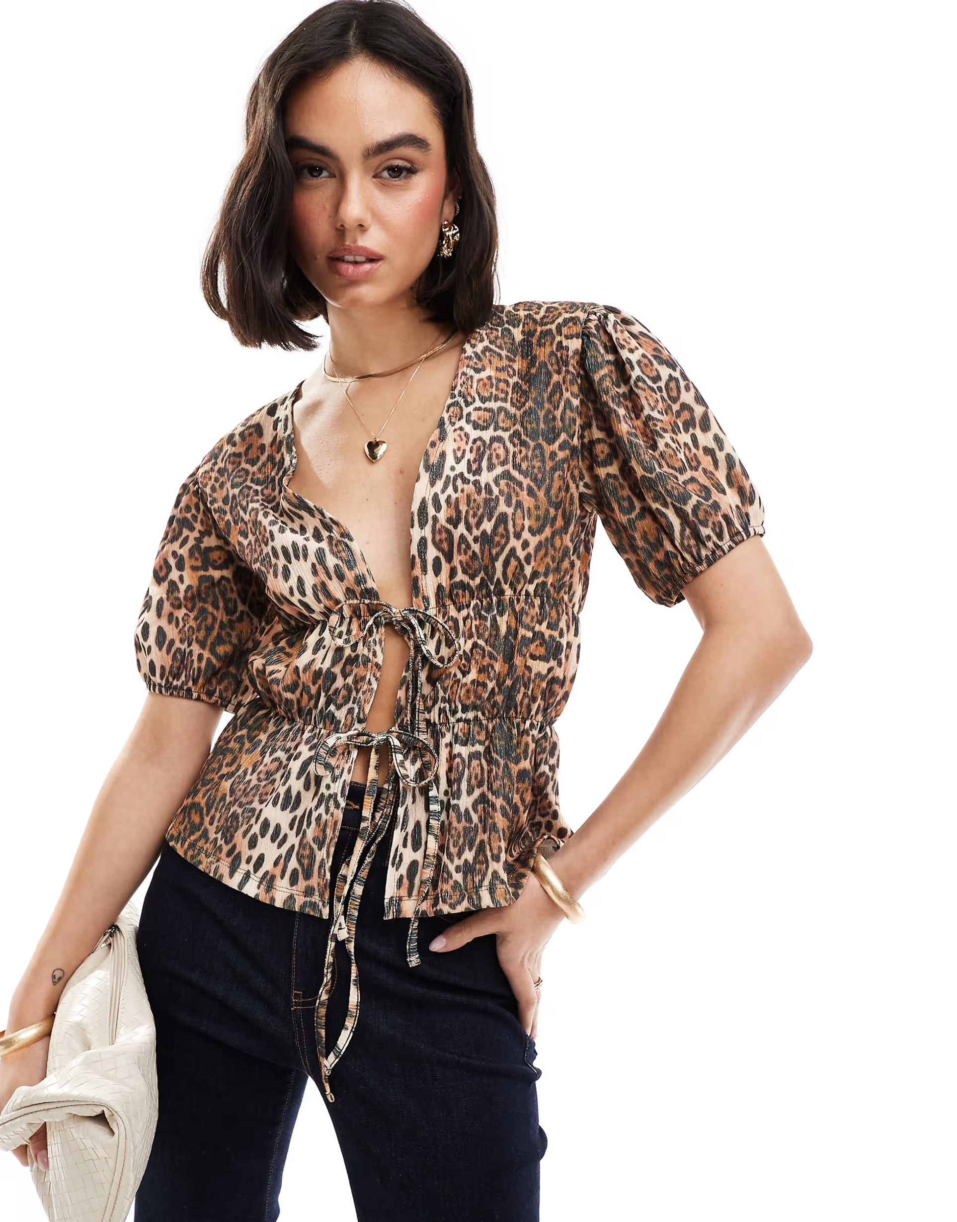 ASOS DESIGN tie front textured peplum top in leopard print | ASOS | ASOS (Global)
