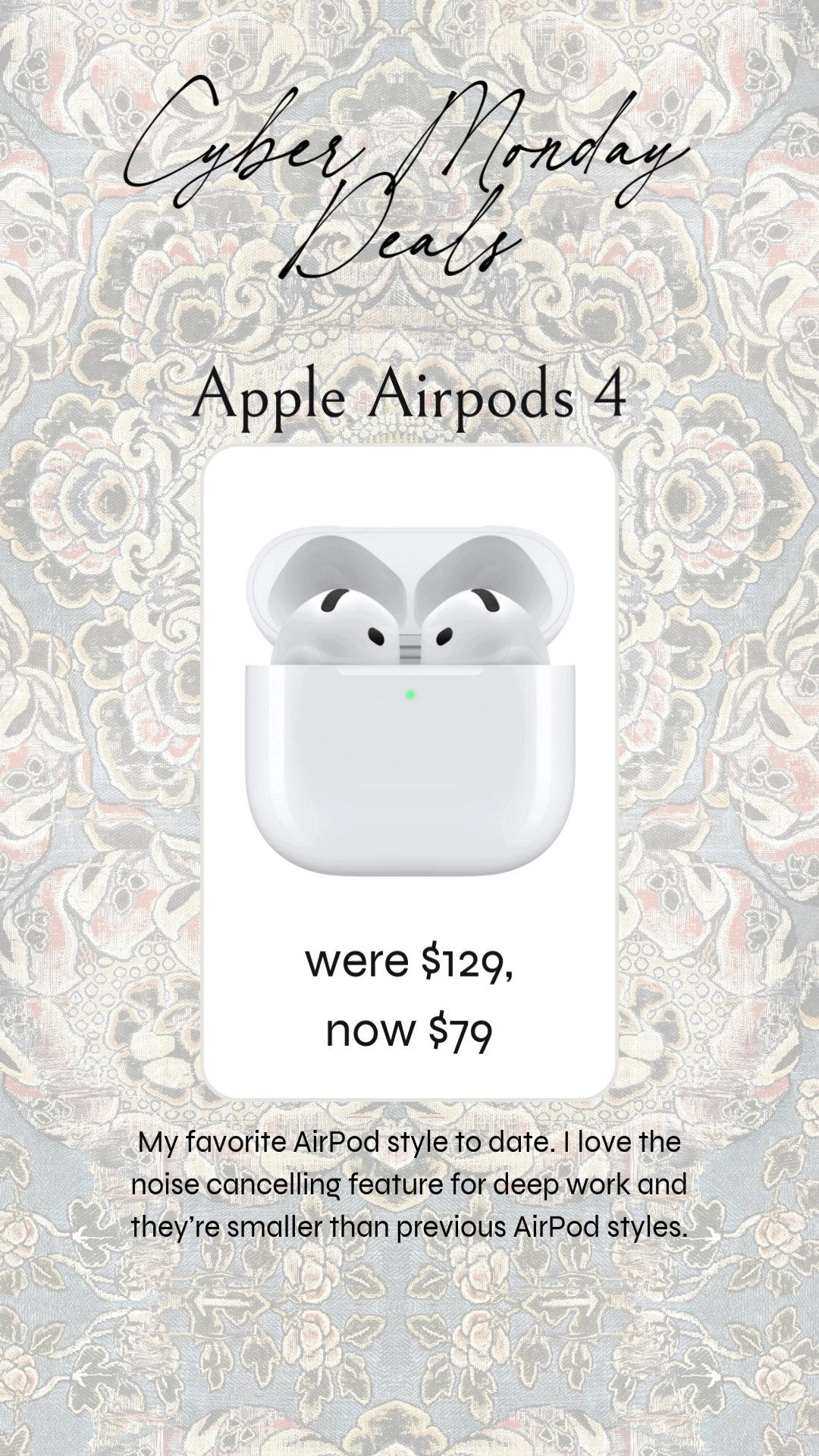 Apple Cyber Monday at Walmart! I LOVE my AirPods 4 and use them daily for work, working out, podcasts on walks. The size is great for travel and I love the noise cancelling feature. Air Tags, laptop, and headphones on sale as well!

cyber monday airpods, cyber monday tech, cyber monday air pods, cyber monday headphones, cyber monday laptop 

 #LTKCyberWeek #LTKHoliday #LTKSaleAlert