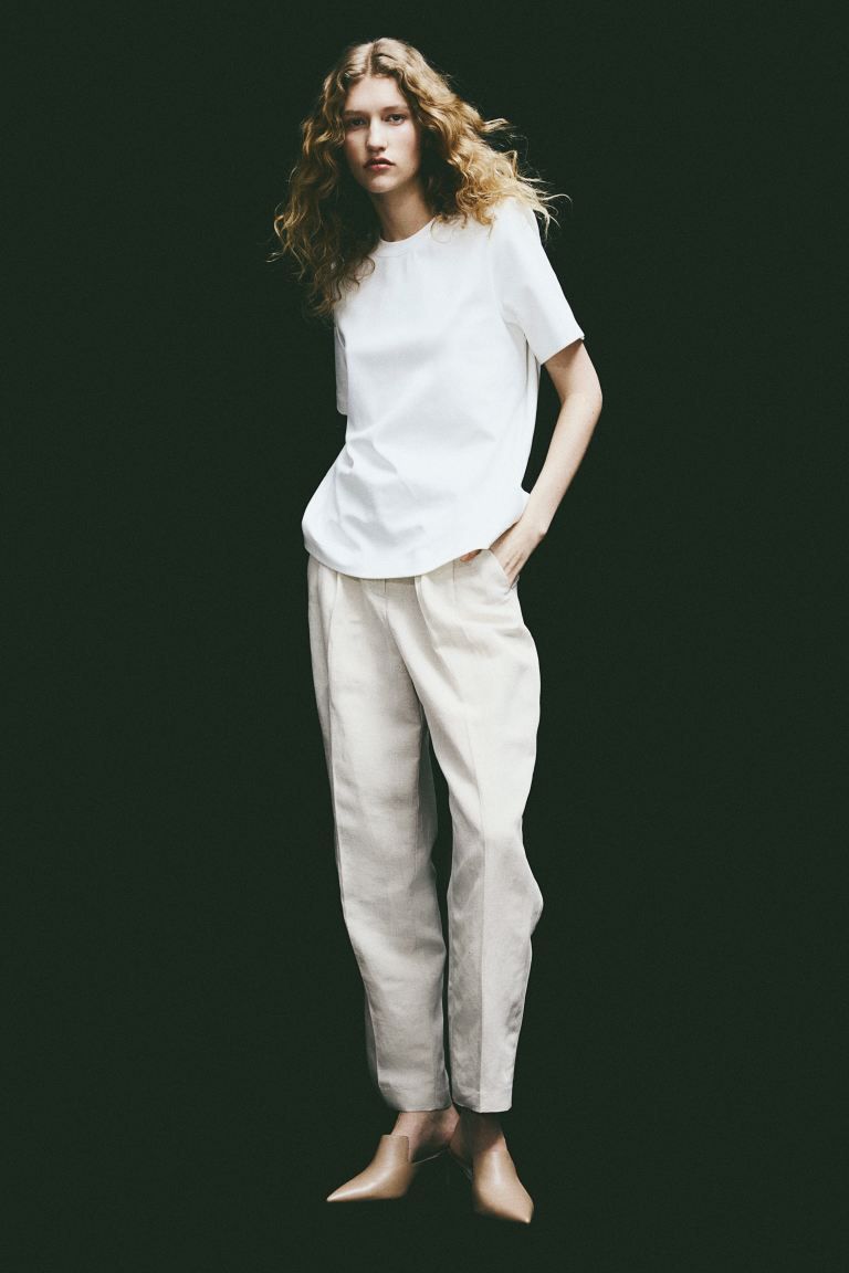 Tapered linen-blend trousers - High waist - Ankle length - Light beige - Ladies | H&M GB | H&M (UK, MY, IN, SG, PH, TW, HK)