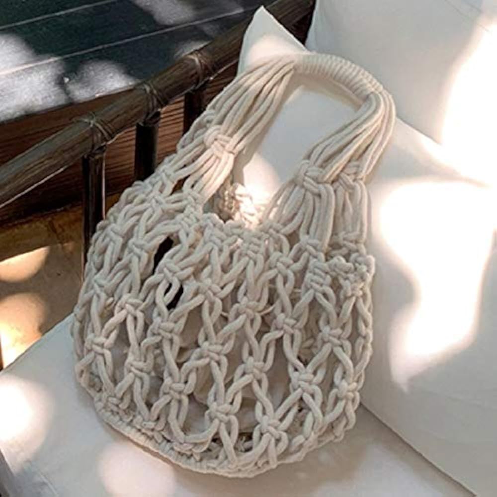 New Straw Bag Cotton Thread Woven Bag Portable Net Bag Casual Bucket Handbag Summer Beach Purse for  | Amazon (US)