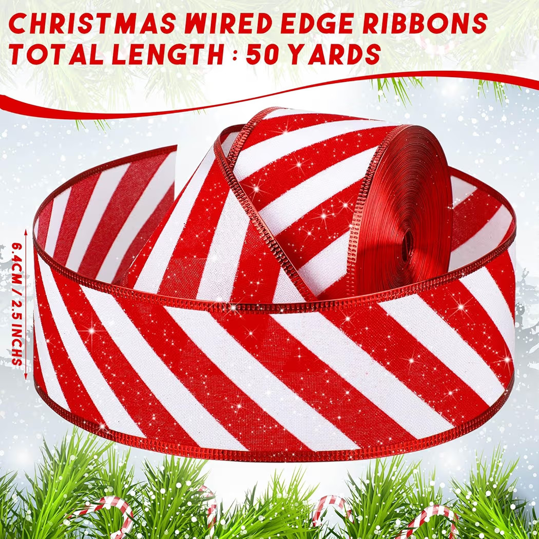 Waydress 2 Rolls Christmas Peppermint Stripe Ribbon Glitter Wired Candy Cane Fabric Wrapping DIY ... | Amazon (US)