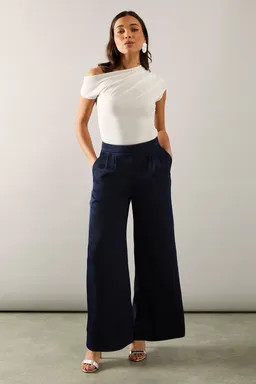 Trousers | Petite Satin Pleat Detail Wide Leg Trouser | Wallis | Debenhams UK