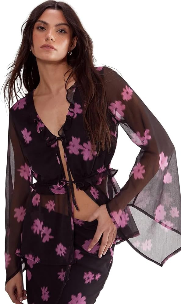 Nasty Gal Women's Ditsy Chiffon Ruffle Tie Front Fluted Sleeve Top | Amazon (US)