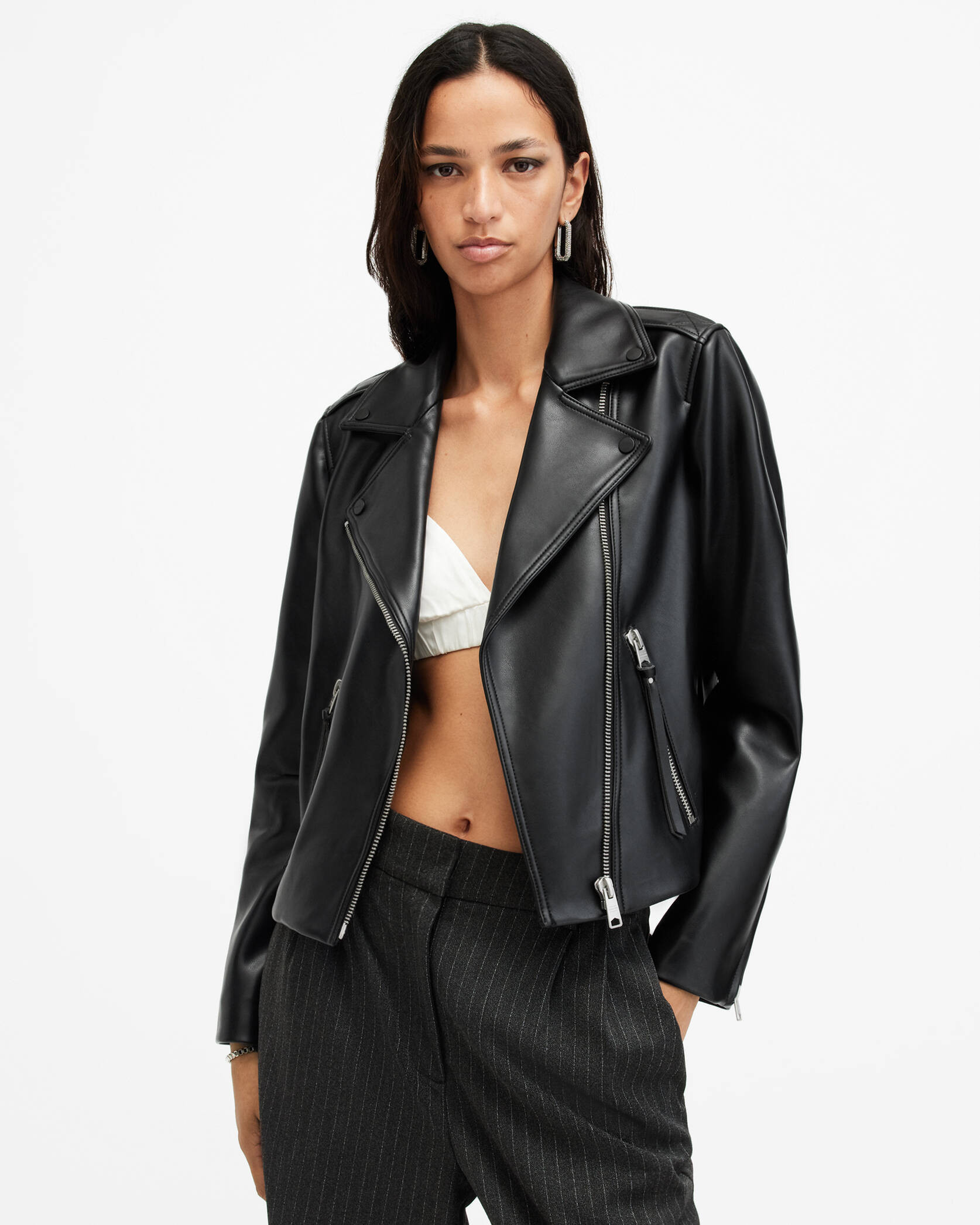 Dalby Slim Fit Faux Biker Jacket Black | ALLSAINTS US | AllSaints US