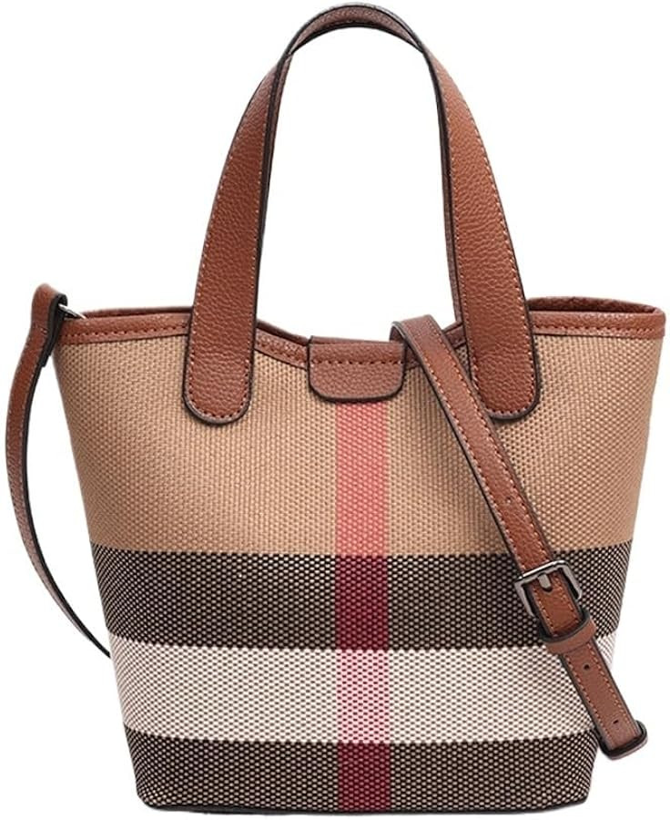 Women's Canvas Composite Leather Tote Bag 2026 Trendy Plaid Contrast Color Bucket Bag Top Handle ... | Amazon (US)