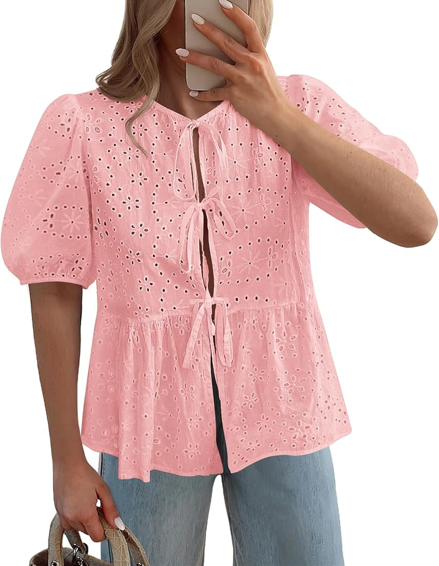 KIRUNDO Womens Tops Dressy Casual Tie Front Shirts Short Lantern Sleeve Hollow Out Lace Embroider... | Amazon (US)