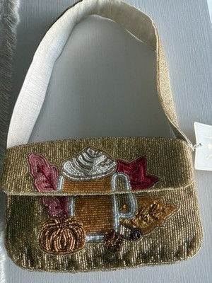 Women\u2019s Gold Beaded Shoulder Bag, Embroidered Fall Pumpkin Latte Mug Leaf NEW | eBay US