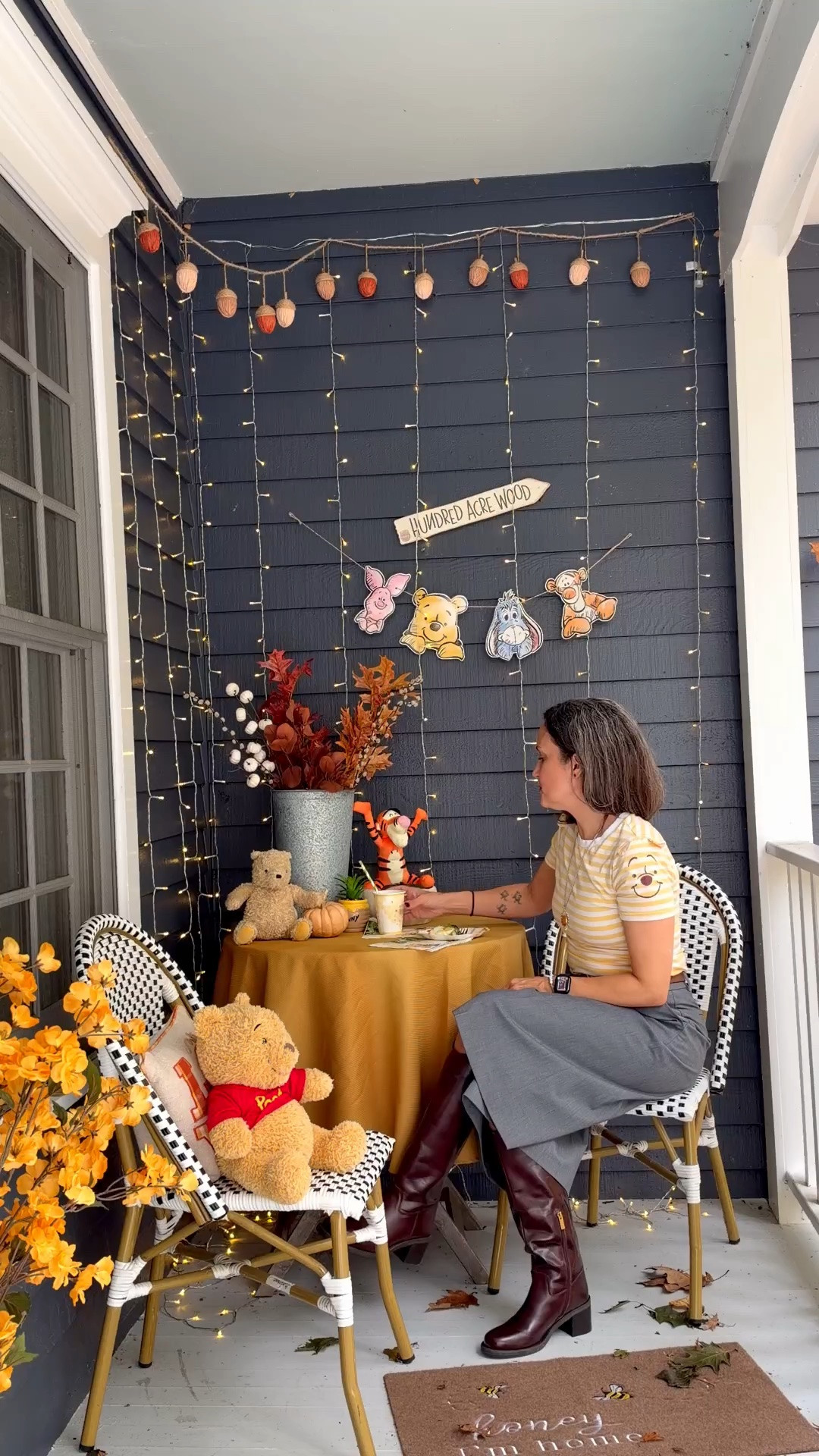 Little Winnie the Pooh party today! Wearing a Pooh shirt with Uniqlo culottes and Vince Camuto knee high boots.