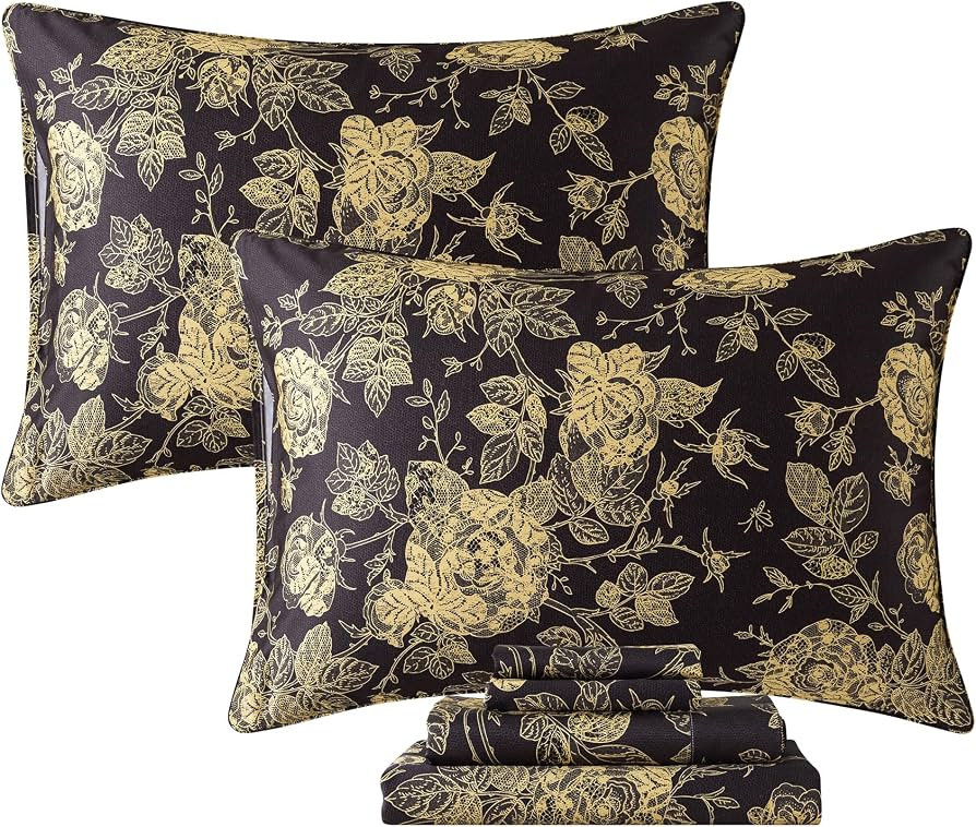 FADFAY Rose Sheets Set Queen Vintage Black Gold Floral Bedding Shabby Peony Botanical Sheets Luxu... | Amazon (US)