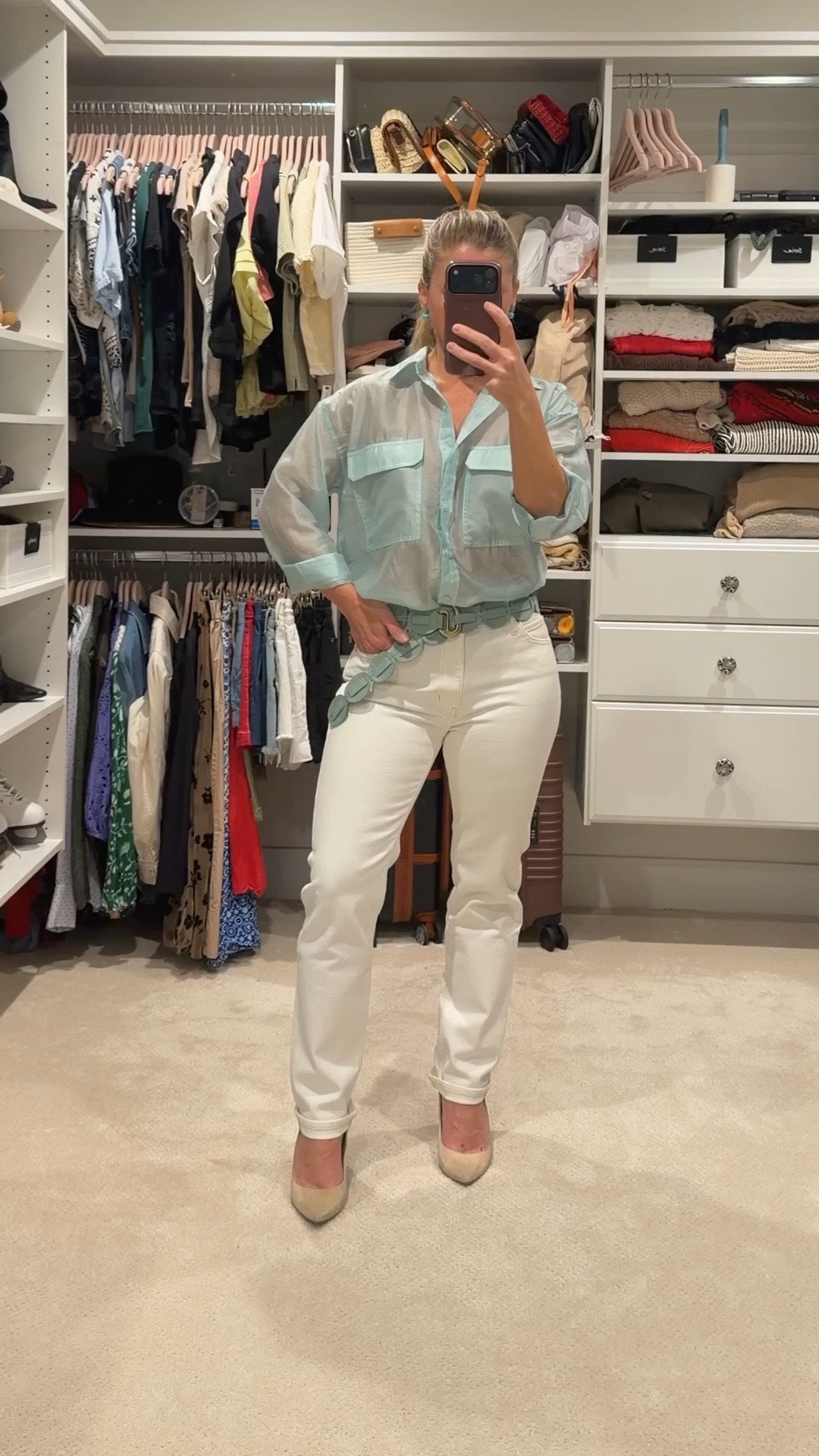 Trying on a few outfits with these Frame Borrowed jeans.

First look: a soft blue utility shirt, neutral pumps, and a statement belt. I like balancing lighter denim with a structured blouse and heels to keep the look polished but relaxed.

That said, I’m editing these out of my wardrobe. The quality is beautiful. The denim is soft with stretch and very comfortable. But the light color and relaxed cut make me look a little shorter and heavier than I prefer.

These would be great if you’re taller, have longer legs, or like a relaxed straight fit that isn’t too tight through the thigh.

Even great jeans sometimes just aren’t the right match for your body. That’s part of building a Signature Wardrobe.

#LTKTall #LTKgrwm #LTKootd