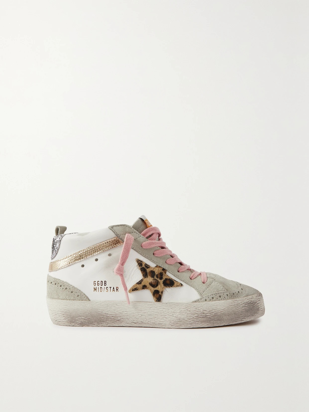 Golden Goose - Mid Star Embellished Distressed Leopard-print Calf Hair, Leather And Suede Sneakers - White | NET-A-PORTER (US)