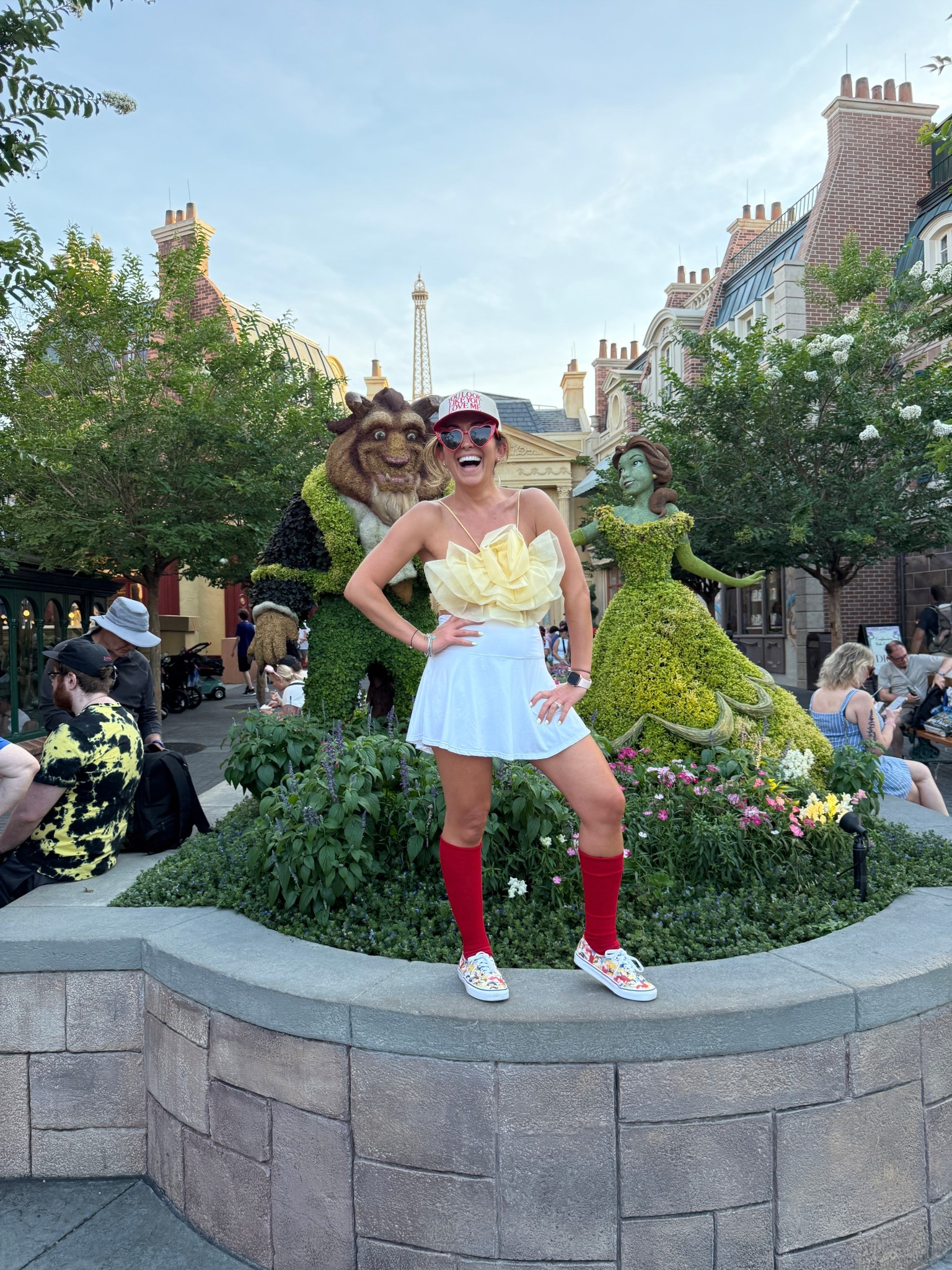 This Belle inspired outfit is everything! My friends and I drank around the world together and each girl was a rendition of a princess or movie they loved. This yellow rose top, athletic skort, Disney Vans and my hat pulled it all together. I of course did Belle, bc J’Adore Paris! ❤️💛 

#LTKOver40 #LTKTravel #LTKPetite