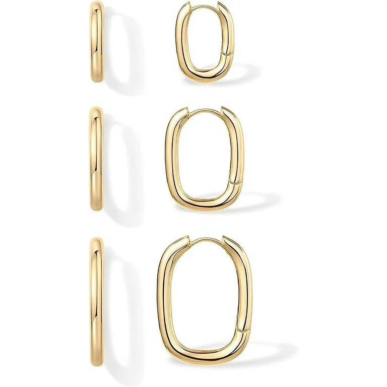 Pavoi Rectangle Hoop Earrings Set, 18K Gold Plated, 3 Pairs, 14mm/18mm/22mm, Hypoallergenic | Walmart (US)